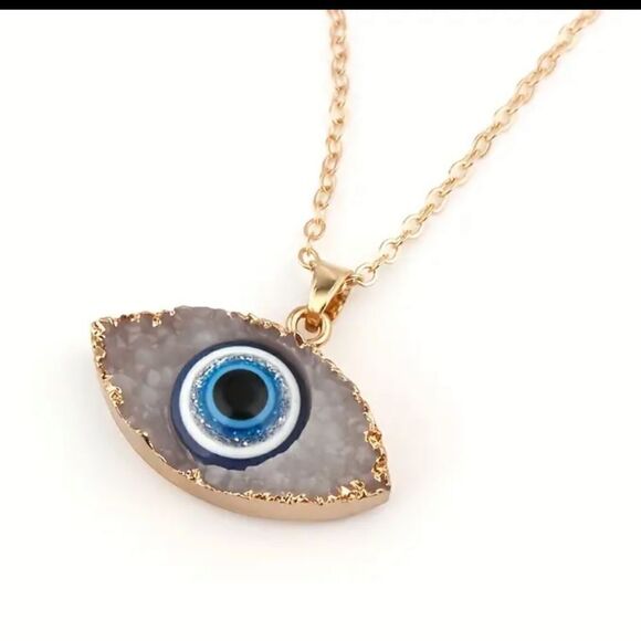Evil Eye Bohemian Turkish Pendant Necklace w/ Gold Clavicle Chain *New* - Picture 1 of 11